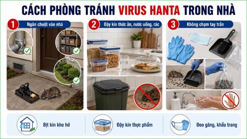 Triệu chứng nhiễm virus Hanta dễ nhầm với các bệnh khác: Hiểu rõ để phòng ngừa Ngăn chuột vào nhà, không chạm trực tiếp vào chất thải chuột,...để phòng tránh lây nhiễm virus Hanta